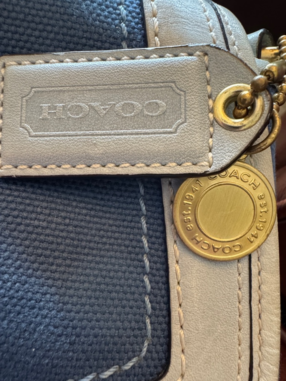 Coach Blue and White Canvas Shoulder Bag with Gold-Tone Turn-Lock - Picture 6 of 6